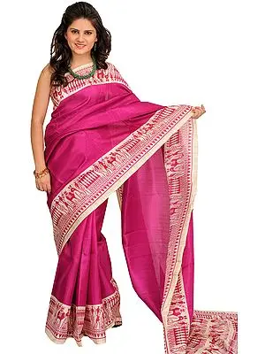 Boysenberry and Off-White Sari from Bengal with Printed Warli Folk Motifs