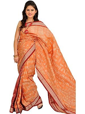 Coral-Sand and Maroon Bomkai Sari from Orissa with Woven Warli folk Motifs All-Over