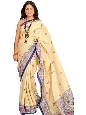 Almond-Oil Sari from Bengal with Printed Madhubani Folk Motifs on Aanchal