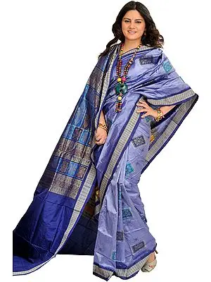 Lavender-Violet Bomkai Sari from Orissa with Woven Motifs and Rudraksha Border