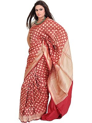 Earth-Red Sari from Banaras with Zari-Woven Stars and Brocade Aanchal