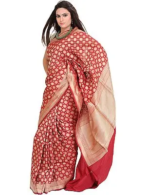 Earth-Red Sari from Banaras with Zari-Woven Stars and Brocade Aanchal