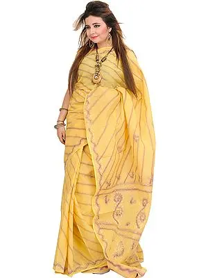 Golden-Haze Sari from Lucknow with Chikan Hand-Embroidery and Leharia Print