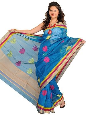 Turkish-Tile Chanderi Saree with Woven Lotuses and Striped Border