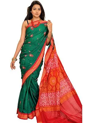 Green and Red Bomkai Sari from Orissa with Woven Motifs and Rudraksha Border