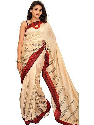 Cream and Red Sari from Bengal with Printed Leaves and Striped Border