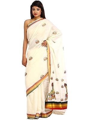 Ivory Kasavu Sari from Kerala with Embroidered Butter Krishna on Aanchal