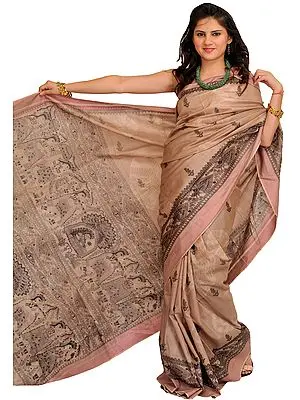 Moonlight Sari from Bengal with Printed Madhubani Folk Motifs