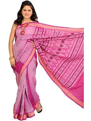 Lavender-Herb Bomkai Sari from Orissa with Woven Motifs and Rudraksha Border