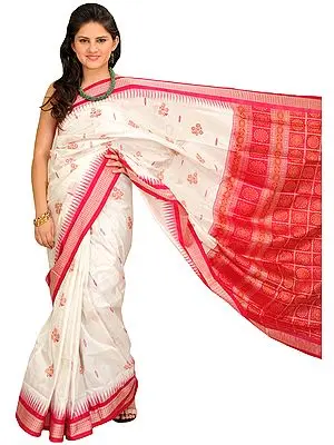 White and Pink Bomkai Sari from Orissa with Woven Rudraksha Temple Border