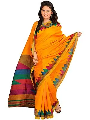 Cadmium-Yellow Sari from Bengal with Printed Temple Border and Rainbow Pallu