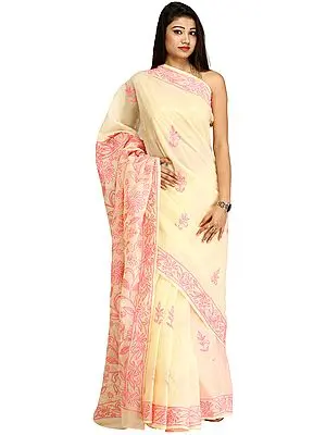 Cream Sari from Lucknow with Chikan Hand-Embroidered Flowers on Pallu