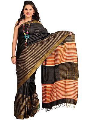 Jet-Black Sari from Bengal with Zari-Woven Stripes