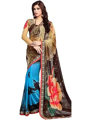 Multicolored Floral Printed Sari with Embroidered Patch Border