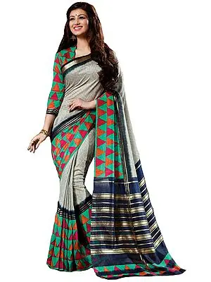 Gray and Green Printed Cochin-Silk Sari