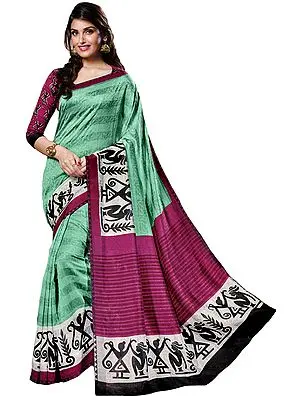 Green and Pink Tanjavur-Silk Sari with Printed Folk Motifs and Self-Weave
