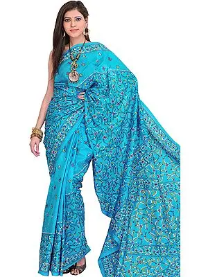 Hawaiian-Ocean Sari from Kolkata with Kantha Hand-Embroidery All-Over