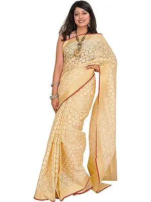 Almond-Oil Banarasi Kora Sari with Woven Motifs in Self