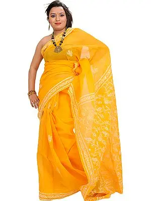 Marigold Sari from Lucknow with Chikan Hand-Embroidery