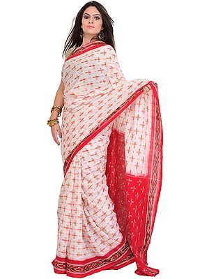 White and Red Ikat Sari from Pochampally with Woven Bootis