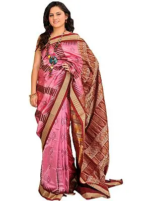 Pink and Maroon Bomkai Sari from Orissa with Woven Motifs and Rudraksha Border