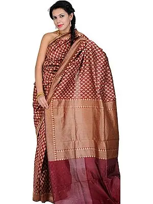 Oxblood-Red Sari from Banaras with Woven Bootis All-Over