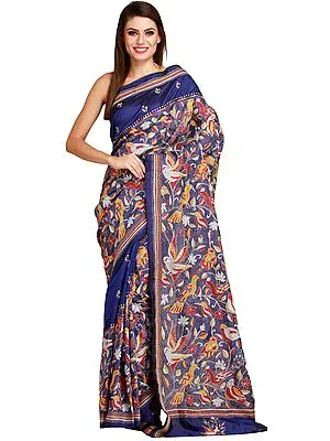 Deep-Ultramarine Sari from Kolkata with Kantha Hand-Embroidered Birds