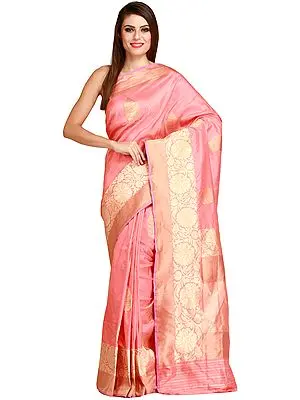 Shell-Pink Banarasi Handloom Sari with Woven Floral Border in Zari Thread