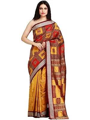 Gold and Red Bomkai Handloom Sari from Orissa with Woven Motifs