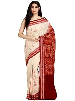 White-Smoke and Maroon Bomkai Sari from Orissa with Woven Bootis and Ikat Weave on Border