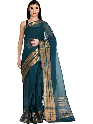 Corsair-Blue Plain Upada Sari from Andhra Pradesh with Woven Border in Zari Thead
