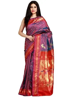 Tulipwood Paithani Sari with Hand-woven Peacocks on Pallu
