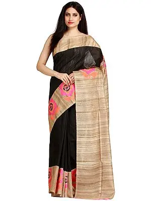 Black and Beige Sari from Banaras with Hand-woven Roses on Border