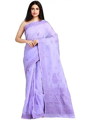 Sweet-Lavender Sari from Lucknow with Chikan Embroidery by Hand