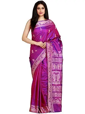 Deep-Orchid Baluchari Sari from Kolkata Depicting Hindu Mythological Episodes