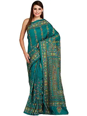 Parasailing-Green Kantha Sari from Kolkata with Dense Floral Embroidery By Hand