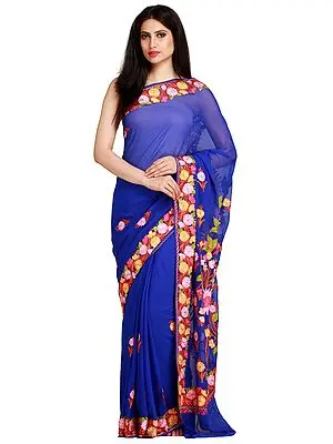 Dazzling-Blue Kashmiri Sari with Aari Embroidered Flowers