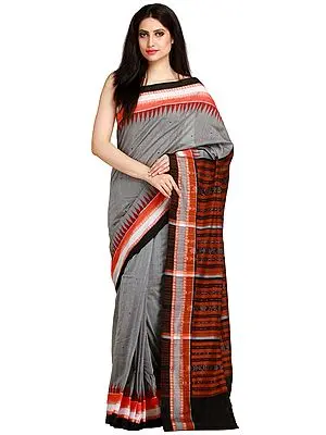 Frost-Gray Ikat Handloom Saree from Sambalpur with Temple Border and Woven Rudraksha on Pallu
