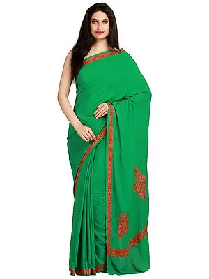 Plain Sari from Kashmir with Sozni-Embroidery by Hand