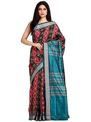 Sangria-Red and Green Sambhalpuri Handloom Sari from Orissa with Ikat Weave