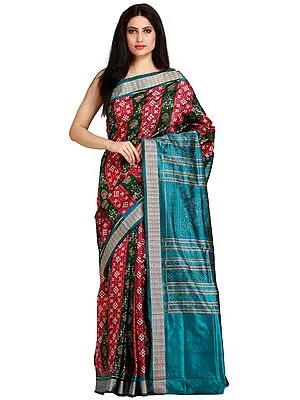 Sangria-Red and Green Sambhalpuri Handloom Sari from Orissa with Ikat Weave