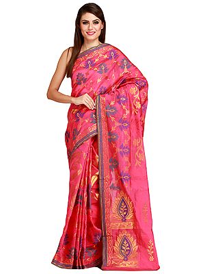 Magenta Banarasi Sari with Woven Lotuses in Zari Thread