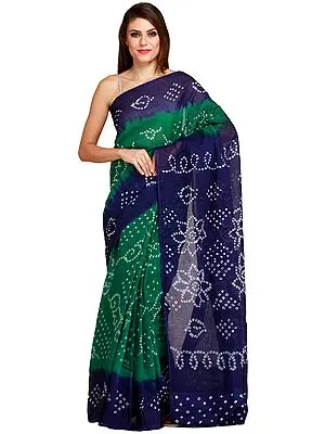 Green and Blue Bandhani Tie-Dye Sari from Jodhpur with Flowers on Pallu