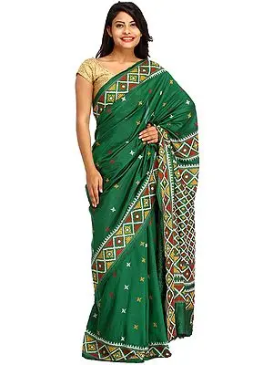 Fairway-Green Sari from Kolkata with Kantha Embroidery By Hand