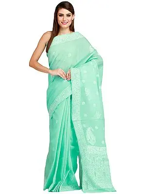 Yucca-Green Sari from Lucknow with Chikan Embroidery by Hand