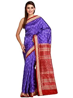 Blue and Maroon Sambhalpuri Handloom Sari from Orissa with Ikat-Woven Flowers