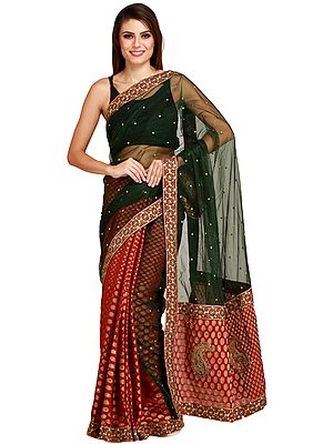 Maroon and Green Half N Half Wedding Sari with Woven Bootis and Bead-work