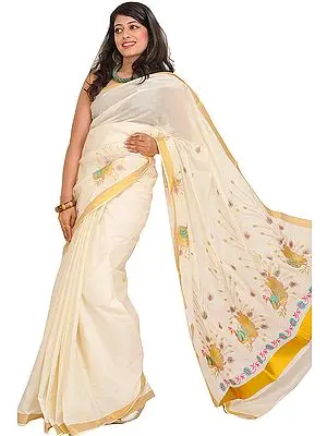 Off-White Plain Kasavu Sari from Kerala with Zari-Embroidered Peacocks on Pallu