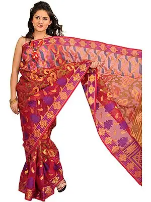 Sangria-Red Sari from Banaras with Woven Motifs in Zari Thread