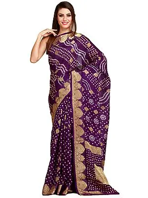 Imperial-Purple Bandhani Tie-Dye Sari from Jodhpur with Woven Bootis in Zari Thread